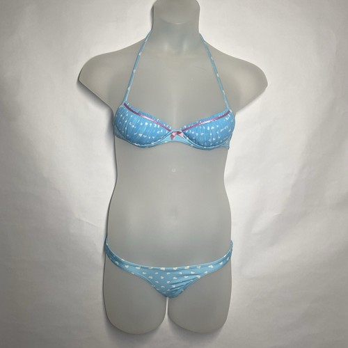 Agua Doce Bikini Brazilian 2-pc Women S Blue White Hearts Pink Bow Pleats Cheeky - Picture 2 of 12