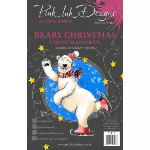 New PINK INK DESIGNS clr rubber stamp BEAR BEARY CHRISTMAS SET free USA ship