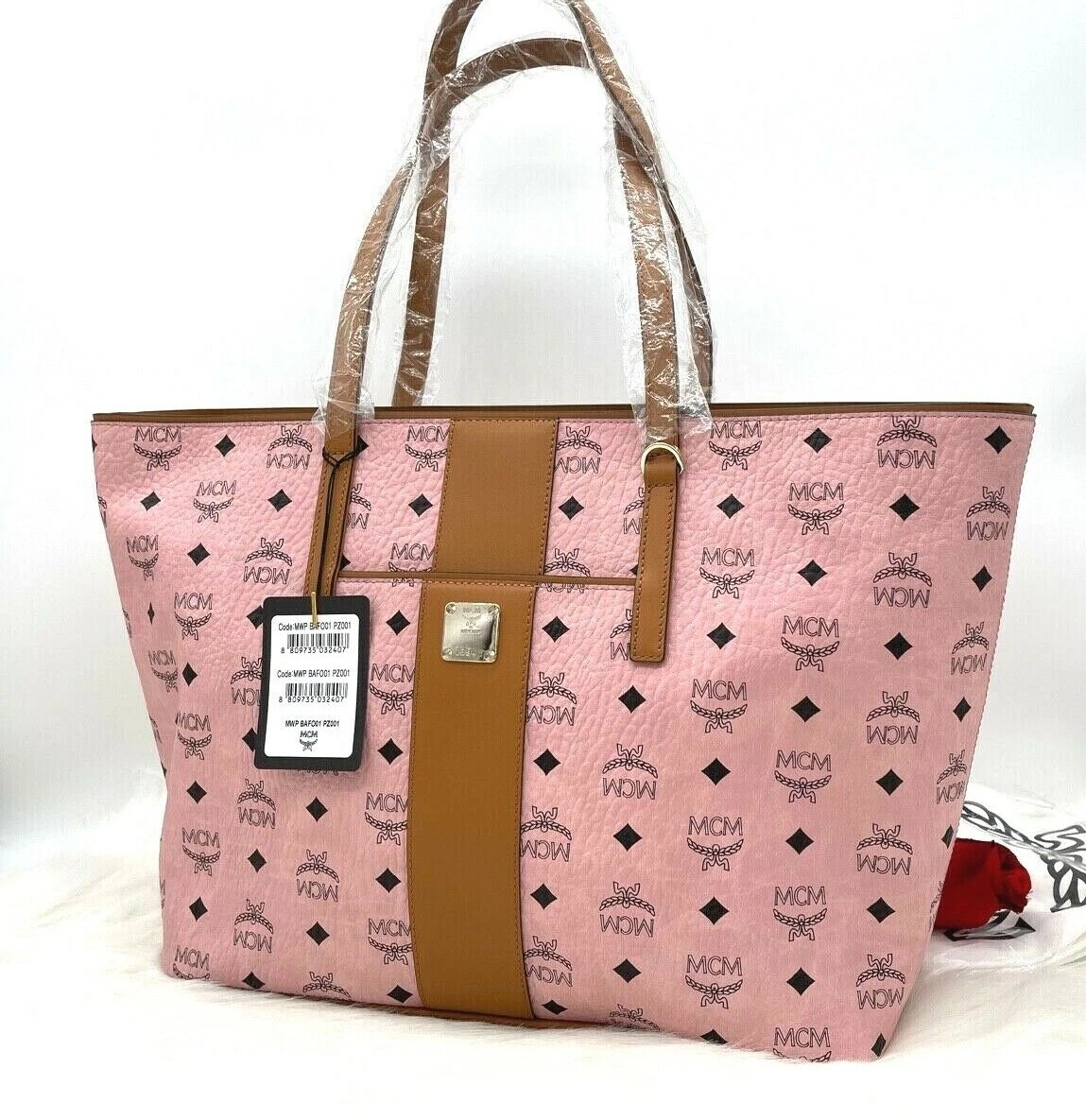 AUTH NWT MCM Anya Top Zip Medium Coated Canvas Shopper Tote In Soft Pink Cognac
