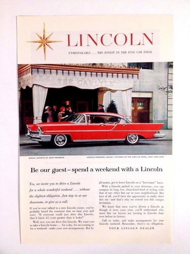 1957 Lincoln Premiere Landau Print Ad Carlyle Hotel New York City