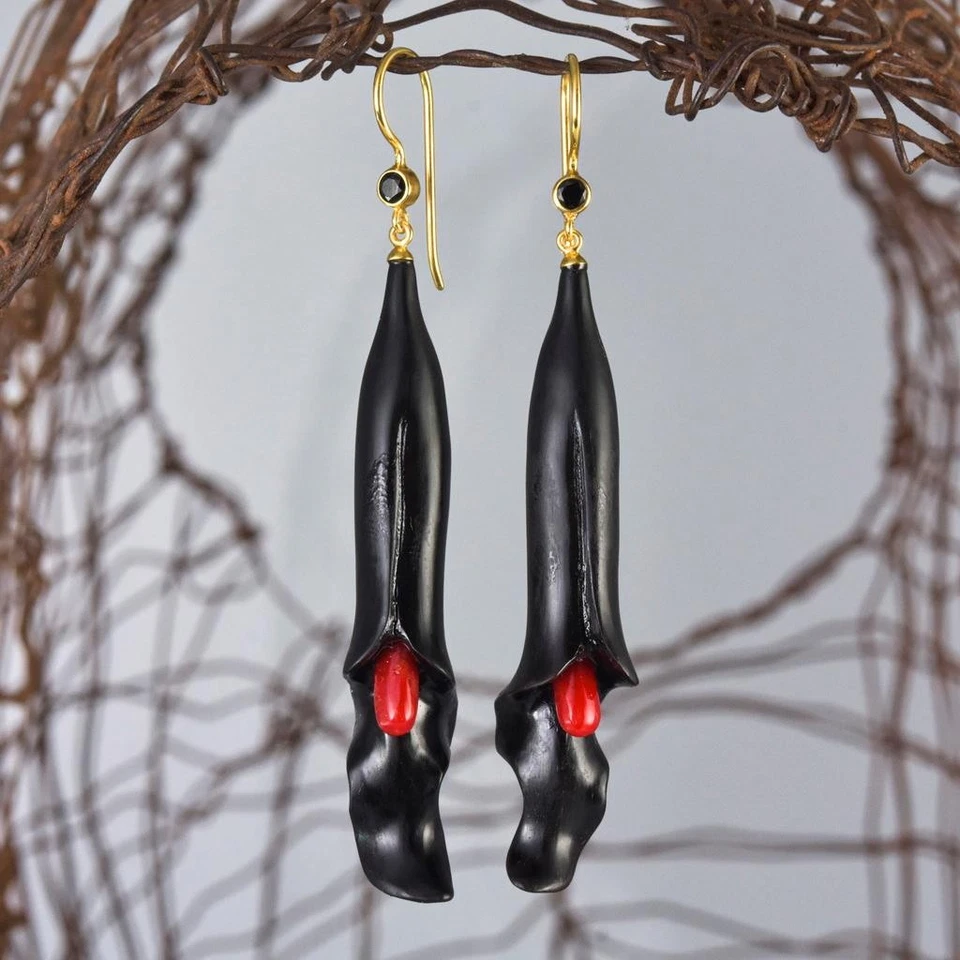 Carved Black Horn Flower Earrings Red Coral Spinel Gold Vermeil Sterling 7.65g - Image 2 of 4