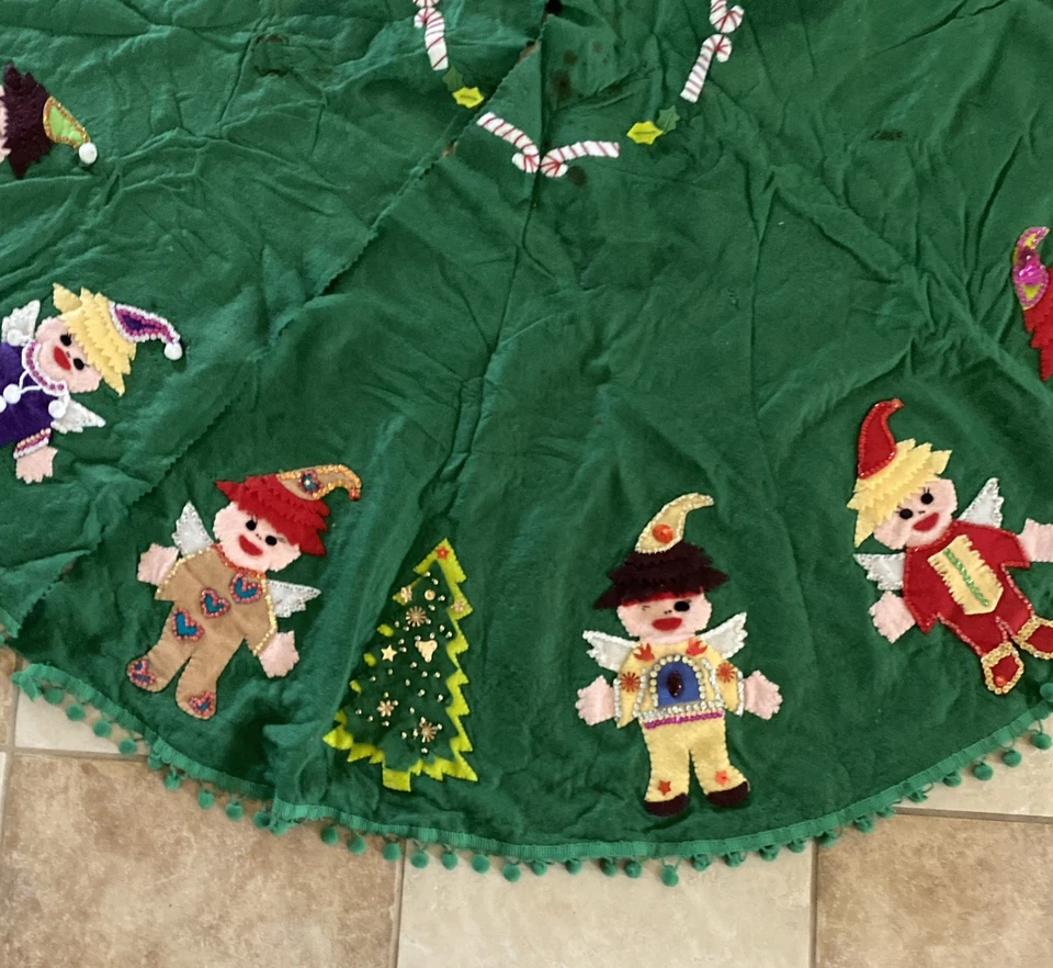 Винтажная юбка Bucilla Elf's Santa Christmas TREE ручная строчка бисер блестки войлок 55 дюймов - Изображение 4 из 4