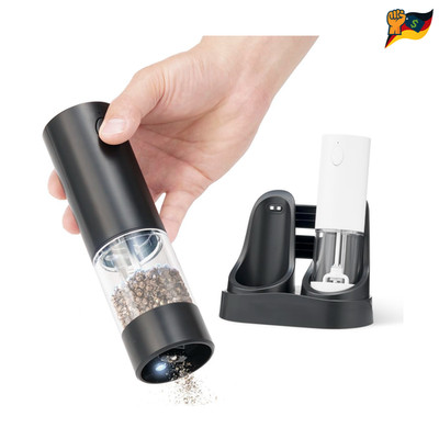 Salz und Pfeffermühle Set 2 mit Ladestation LED Licht Anpassbar Schwarz