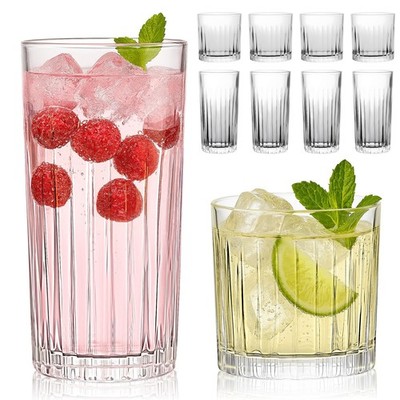 Laerjin Drinking Glasses Set of 8, 12 oz Highball Glasses & 10 oz Cocktail Gl...