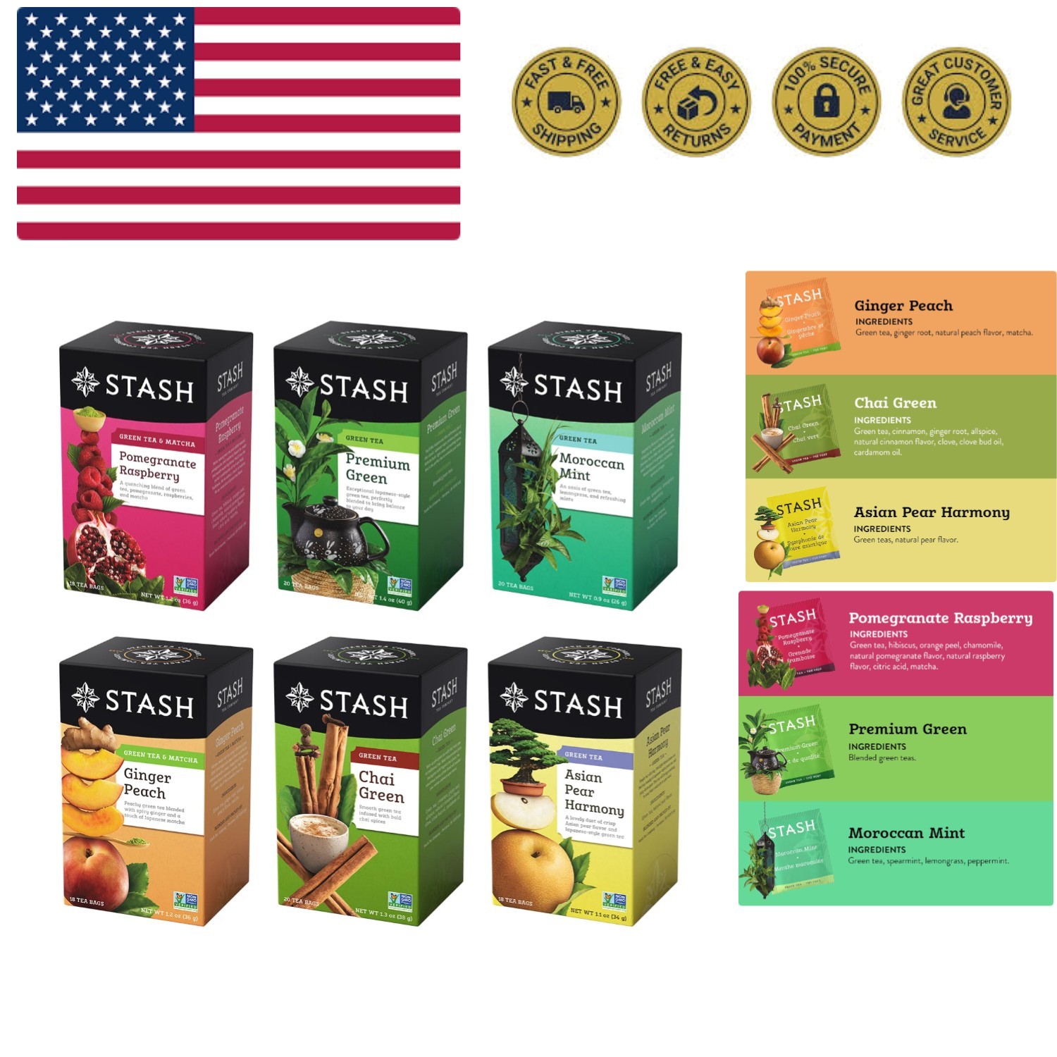 Variety Pack &ndash; Caffeinated, 6 Boxes Of 18-20 Tea Bags Each