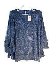 NWT Chaps Women’s 2X Green Purple Paisley Tunic Blouse Layered Bell Sleeves $76
