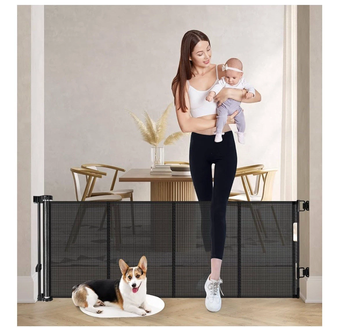 Reinforced 56” Wide 24” Tall Retractable Baby Gates, Short Dog Gates, Black