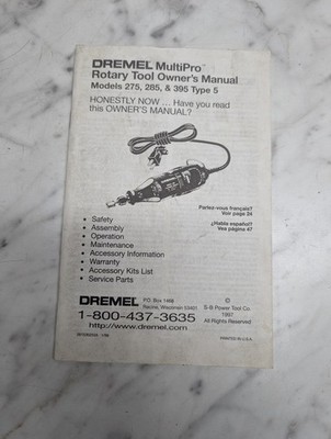 DREMEL MULTIPRO ROTARY TOOL OWNER'S MANUAL 275 285 395 TYPE 5 1999 OPERATORS