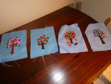 Four Seasons Hand Sewn Crewel Embroidery Panels Vintage Bird Nest Cardinal