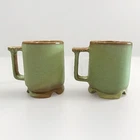 Vintage Frankoma Pottery Prairie Green Brown Coffee Cups Mugs Set of 2
