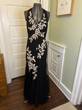 Xscape Black Netting Sequined Applique Halter Formal Gown Size 12