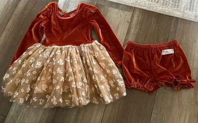 Bella & Omi Dress Bloomer Set Outfit Size 2 Velour Rusty Orange Shimmer Tulle