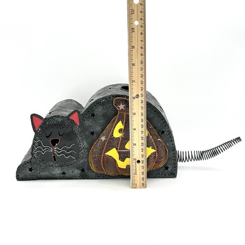Vintage Halloween Resting Black Cat With Pumpkin Tea Light Candle Holder Metal - Picture 10 of 13