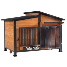 Dog House Outdoor Dog Kennel with Chew-Proof Metal Frame, Rotating Food Bowl, PV