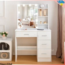 Vanity Desk with Mirror and Lights, LED Makeup Vanity with 4 Drawers and Shelves