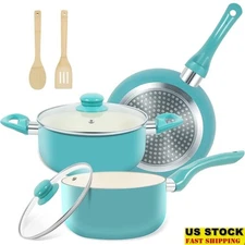 Nonstick Ceramic Pots & Pans Set 8 inch Skillet Saucepans Bamboo Utensils New