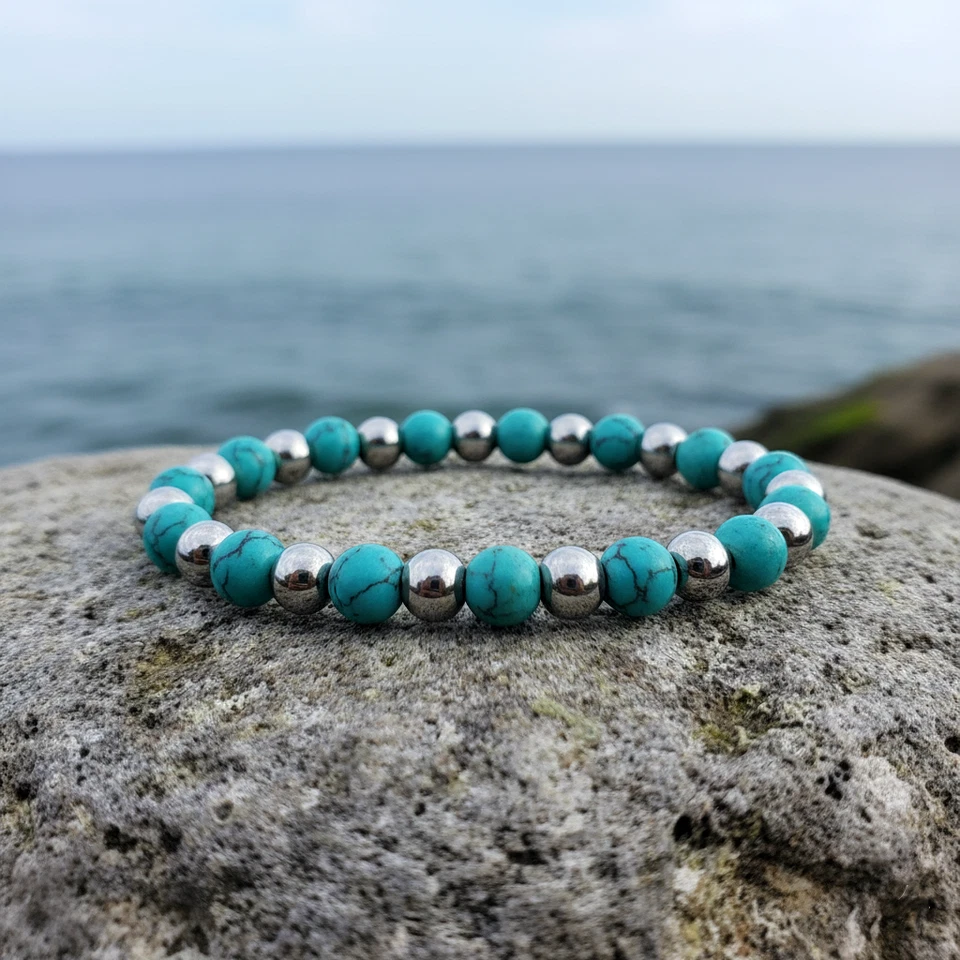 Bracciale Turchese pietre dure perle argento in Acciaio Uomo Donna braccialetto - Immagine 4 di 4