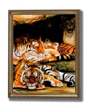 African Tiger Cat Family In Cave Animal Wildlife Wall Picture Gold Framed Art Pr