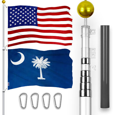 25Ft Telescoping Flagpole SV & American and South Carolina Flags Emb 300D 3x5Ft