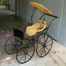 FANCY ANTIQUE 19c AMERICAN VICTORIAN IRON  WOOD BABY CARRIAGE