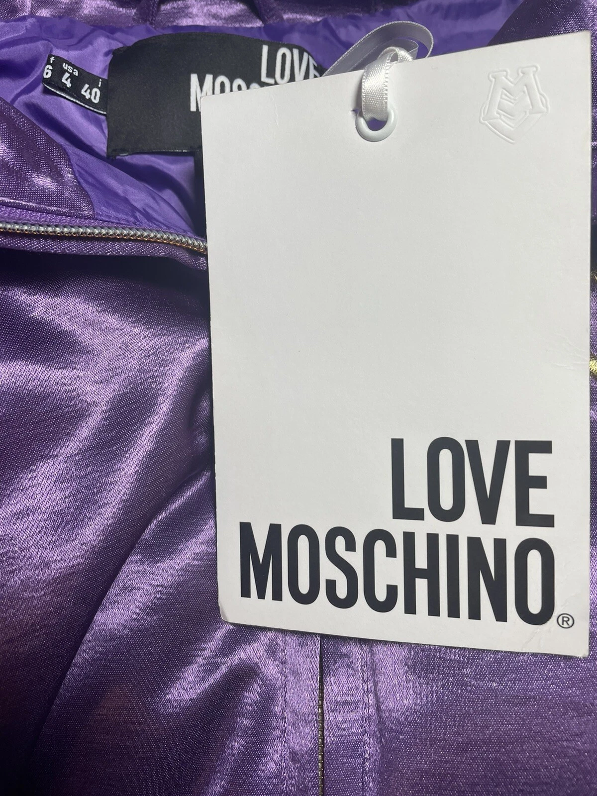 Love Moschino taglia 4 40 giacca donna viola ricamata cuore con cappuccio puffer