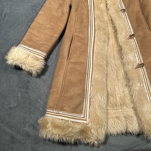 Penny Lane Coat Womans Medium Tan Faux Suede Shearling Fur Toggle Mob Wife - Picture 5 of 18