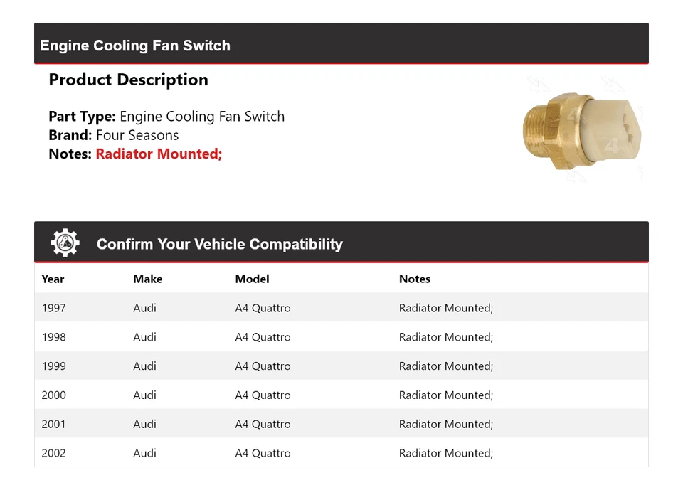 For 1997-2002 Audi A4 Quattro Engine Cooling Fan Switch 4 Seasons 1998 1999 2000 - Image 2 of 4