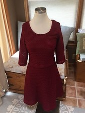 Max Studio Deep Red Textured Fit Flare  V Neck Stretch Dress Medium Excellent