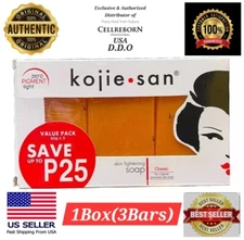 A+ Original Kojie San Skin Lightening Kojic Acid Soap 1 Box 65g x 3 Bars