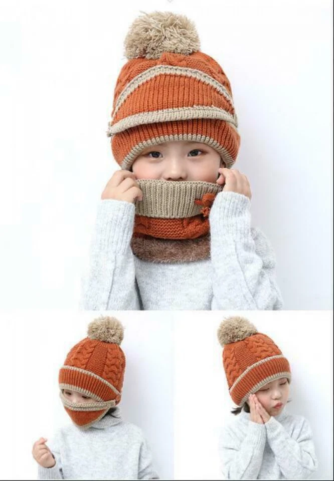Bebé Niños Invierno Pompón Gorro Sombrero Cuello Calentador Conjunto de 3 Niñas Niños Bufanda Sombrero 2-7 Años Foto 3 de 4