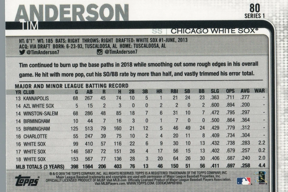 #80 Tim Anderson Chicago White Sox 2019 Topps Series 1 Baseball Card DAZ - Image 2 of 2