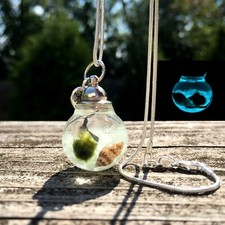 Glow In The Dark Marimo Moss Ball Necklace / Wearable Live Terrarium Necklace