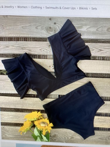 NEW Sporlike women ruffle high waist 2 piece black swimsuit - Picture 4 of 5