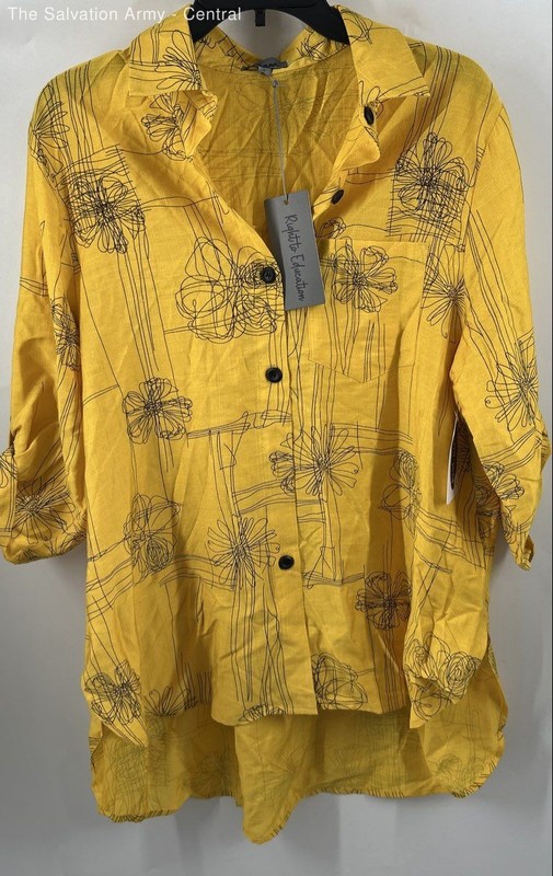 Shana Womens Yellow Floral 3/4 Sleeve Collared Tunic Blouse Top Size Large