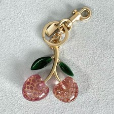 Coach Pink Cherry Apple Bag Charm Keychain Resin Metal Brass Purse Decoration