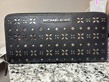 Michael Kors Black Zip-Around Wallet Geometric Cutout Logo Zipper Card Slots