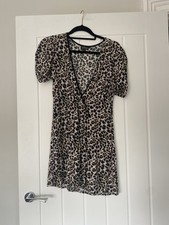 Topshop Pink Black Leopard Animal Print V Neck Short Sleeve Wrap Dress UK 10