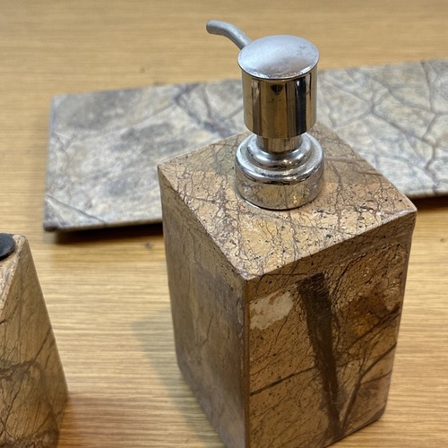 SET 4 PZ DISPENSER SAPONE, PIATTO, SPAZZOLINO MARMO BEIGE MARRONE CHIARO Made In India - Foto 14 di 18