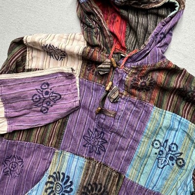 Mens Patchwork Cotton Hoodie Nepal Boho Hippie Striped Toggle Pullover Large