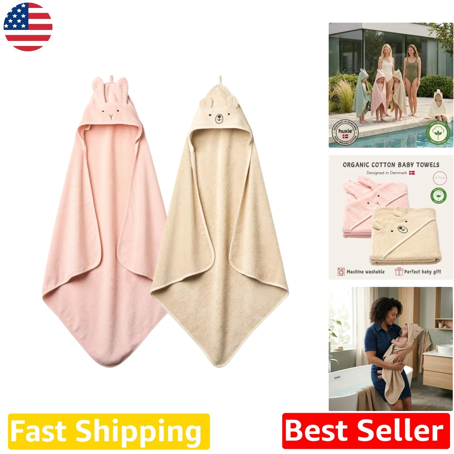 Luxury Organic Cotton Baby Hooded Towels 32"x32" Super Soft Newborn Gift Set