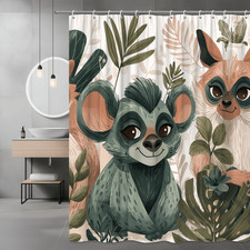 Cute Animal Shower Curtain with Jungle Leaves Print