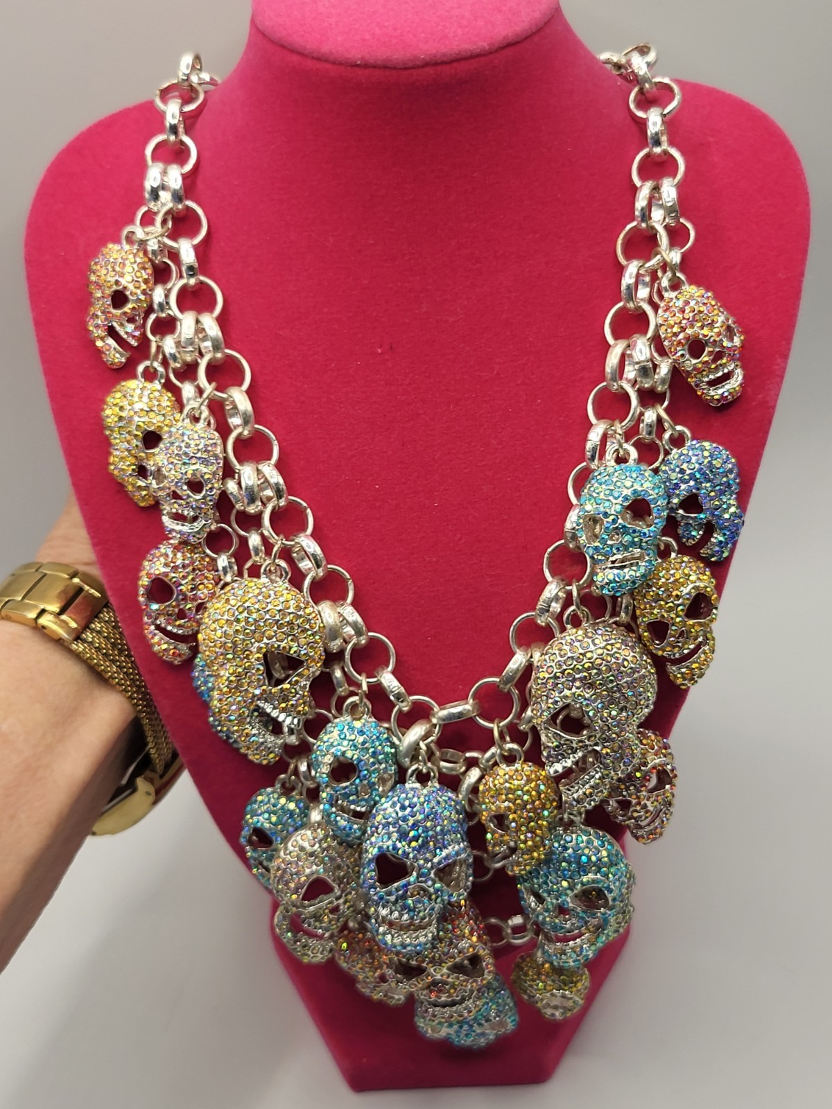 Multicolored Crystal Multi Skull Dangling Charm N… - image 2