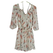 Xhilaration White Feather Print Boho Dress With Lace Detail Elastic Waist & 3/4