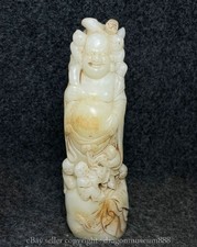 Antigua estatua china de 8,2" tallada en jade budismo Happy Laugh Maitreya Buda Tongzi