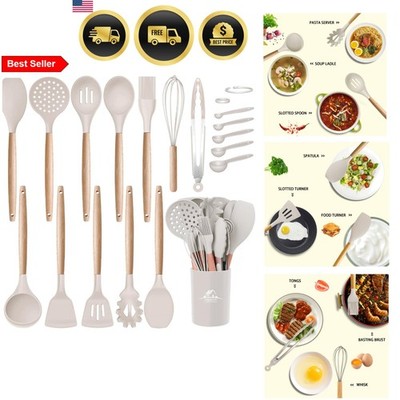 Silicone Kitchen Utensils Set Nonstick Safe BPA Free Wooden Handles