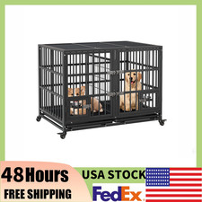 42"Heavy Duty Dog Crate w/Divider,2 Feeding Door  Bowls,Wheels,Dog Crate Indoor