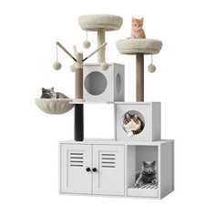 Cat Litter Box Enclosure Furniture W/ 2-in-1 Cat Tree Multi-Functional Furniture