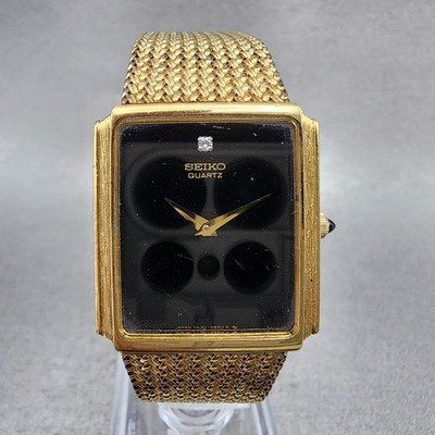 Seiko Tank Watch Men 25mm Black Dial Gold Tone Rectangle 7430-5499