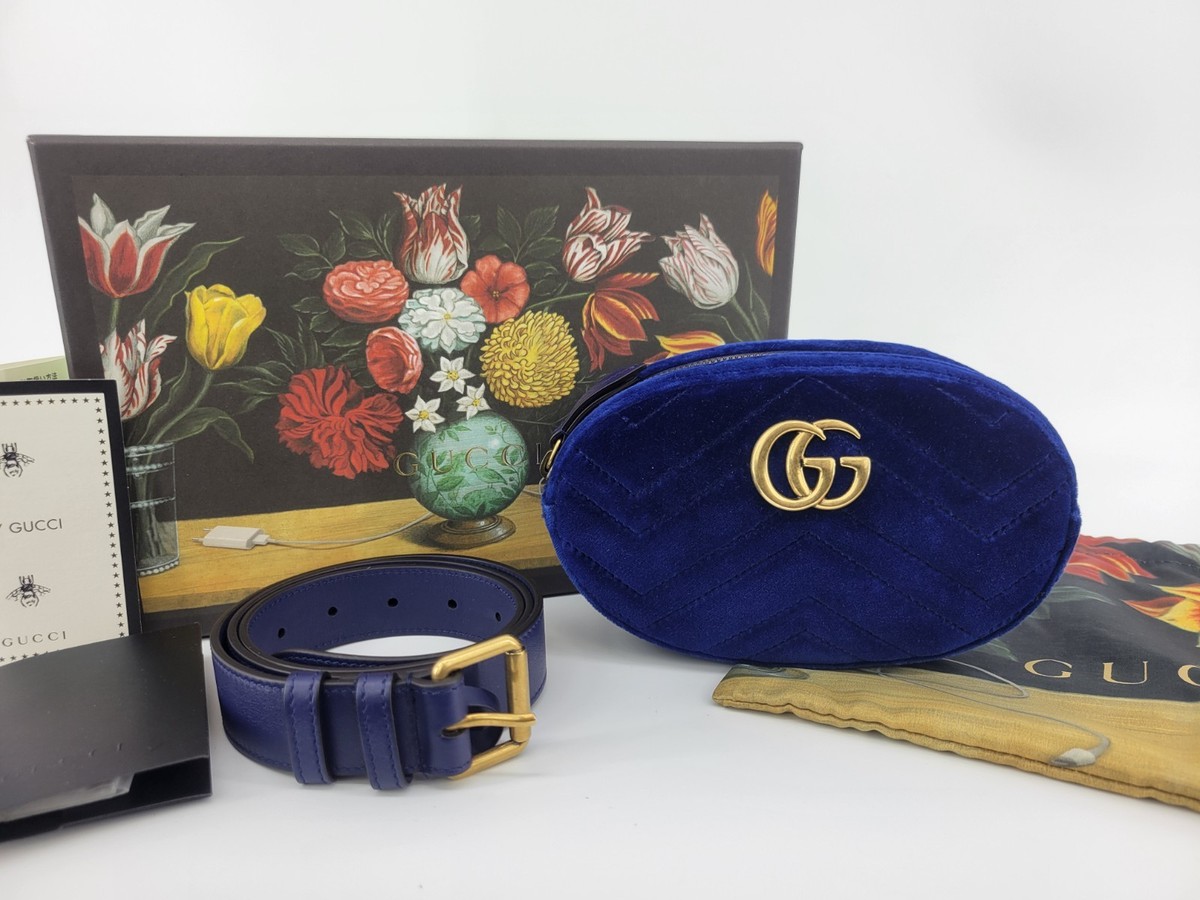 New Gucci Marmont Blue Velvet Belt Bag w/Dust Bag Original Open