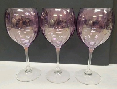 3 Luminarc Monaco France Purple Iridescent Optic Ribbed Water Goblets
